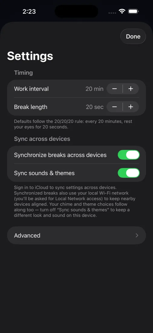The same Intermezzo settings on iPhone — every option syncs across devices
