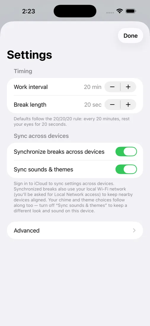 The same Intermezzo settings on iPhone — every option syncs across devices