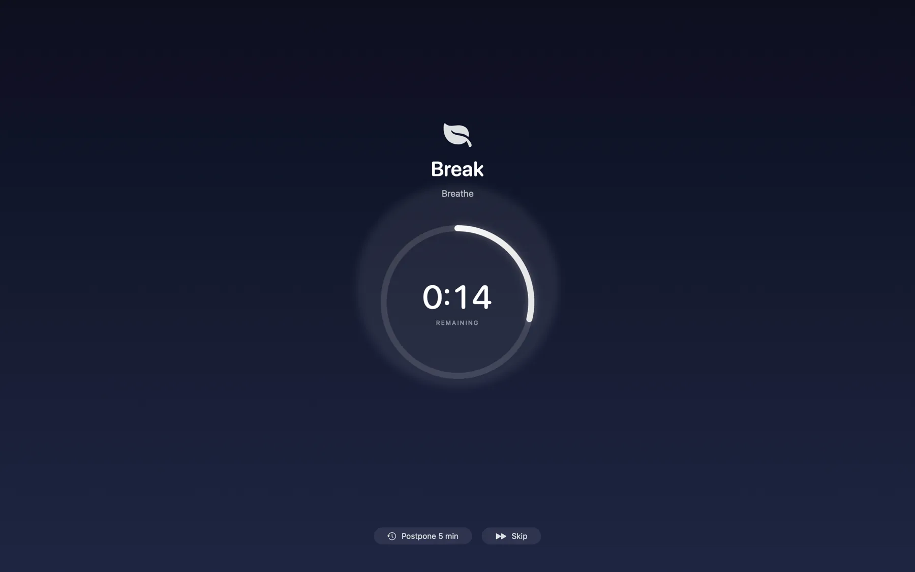 Intermezzo's full-screen break taking over an entire Mac display: a calm breathing ring reading 14 seconds remaining, with Postpone and Skip buttons