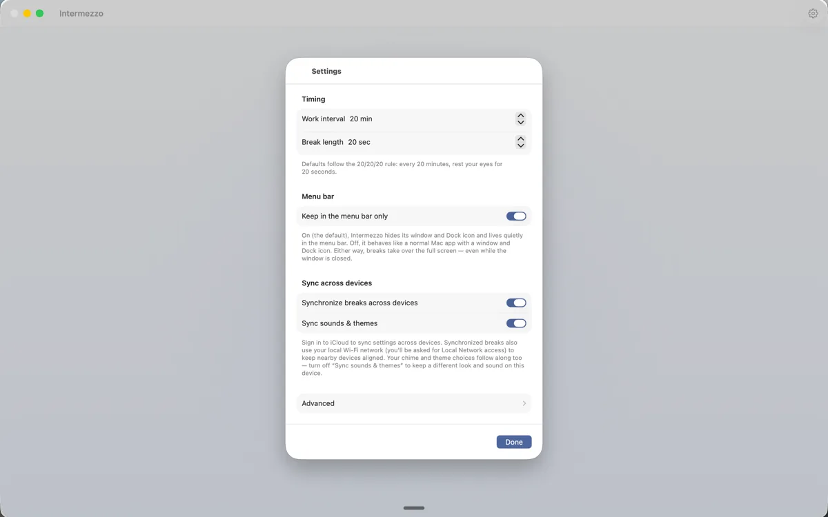Intermezzo settings on a Mac: break timing, sounds, themes, and sync options